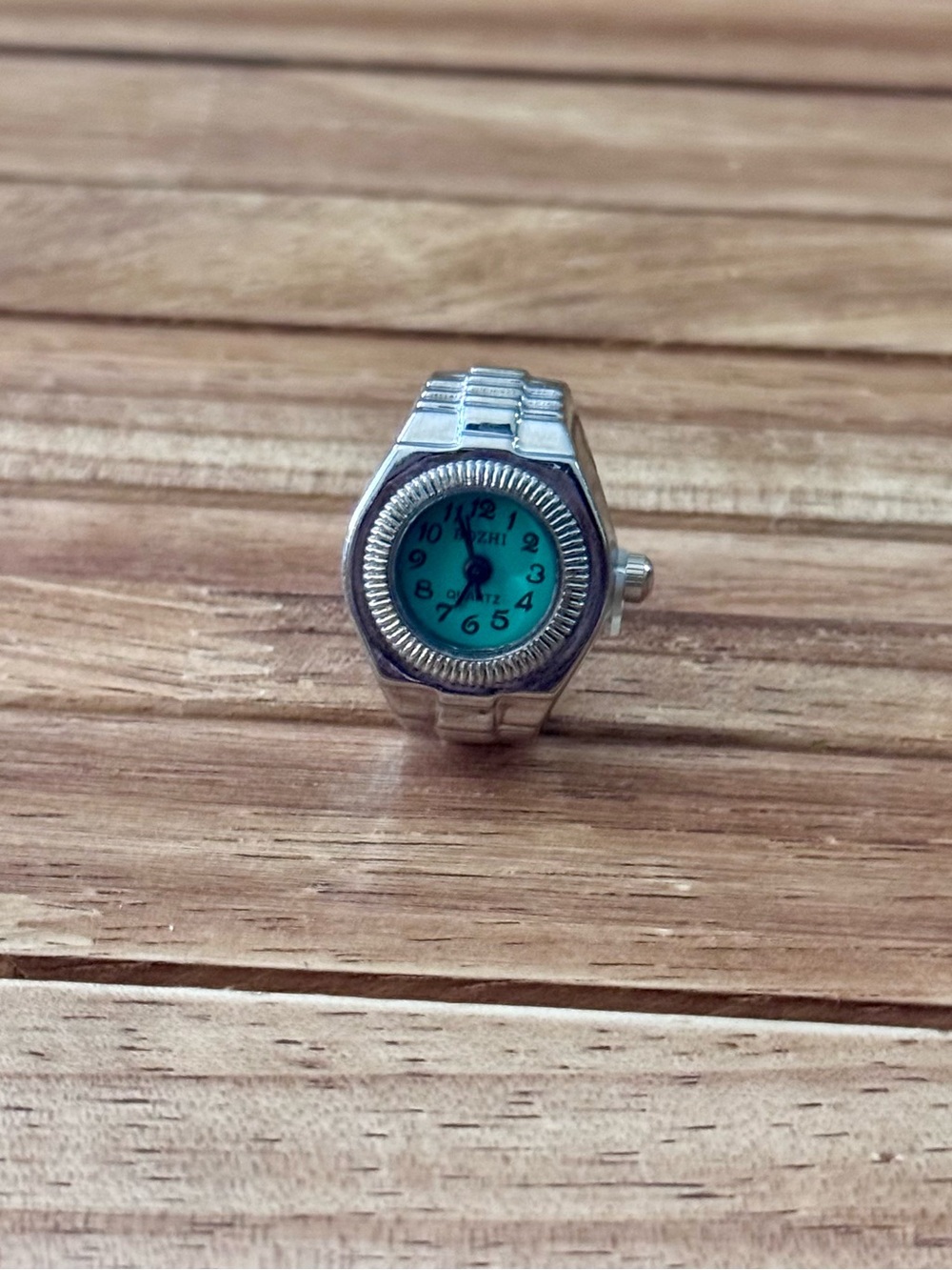 Silver Ring Watch with Teal Dial